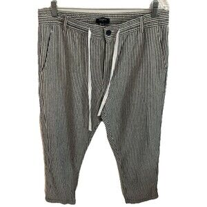 forever 21 Pants L Men Black White Stripes LINEN Cotton Drawstring